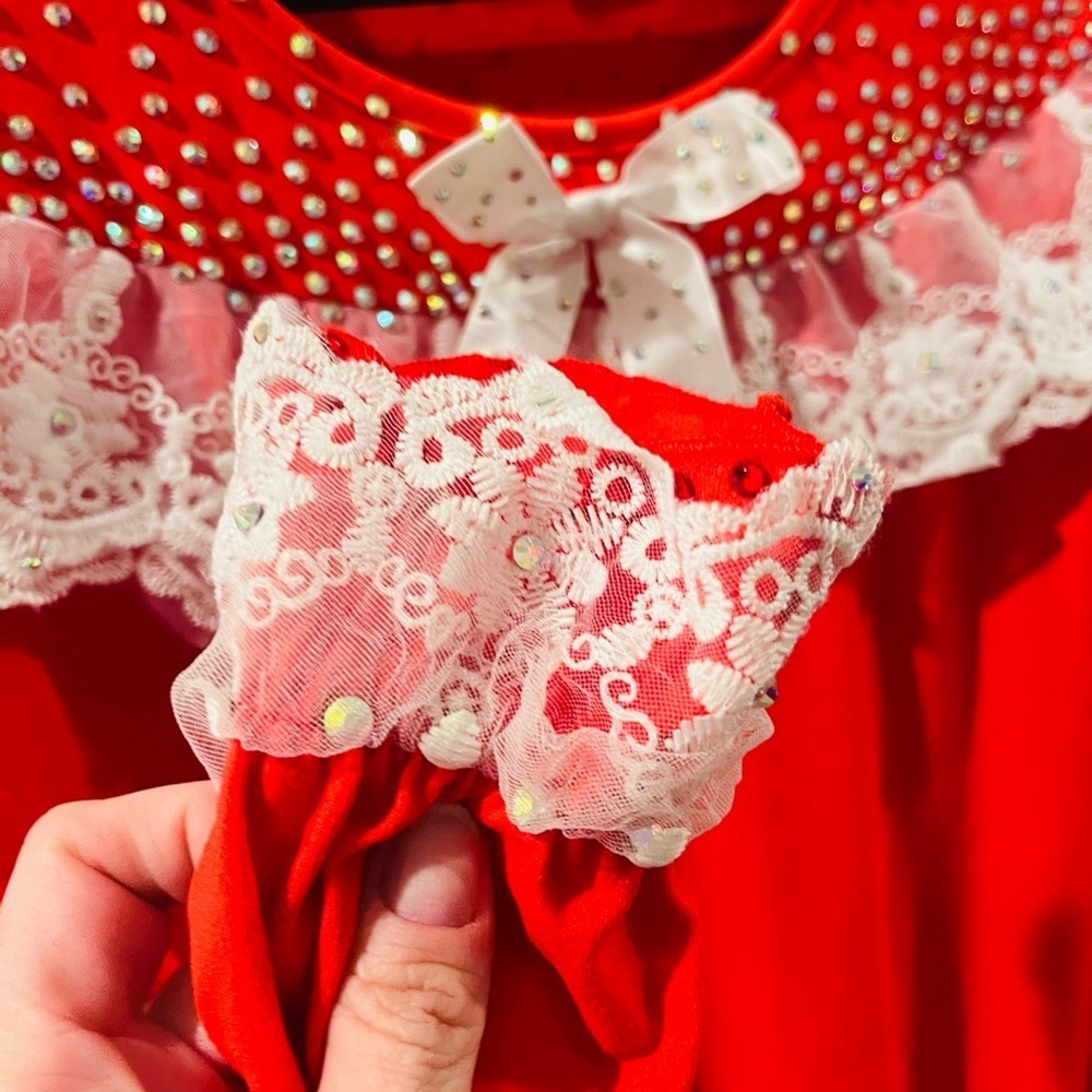 Red Long Sleeve Nightgown-Lace Trim & Crystals-Christmas/Polar Express/Santa - Picture 2 of 6